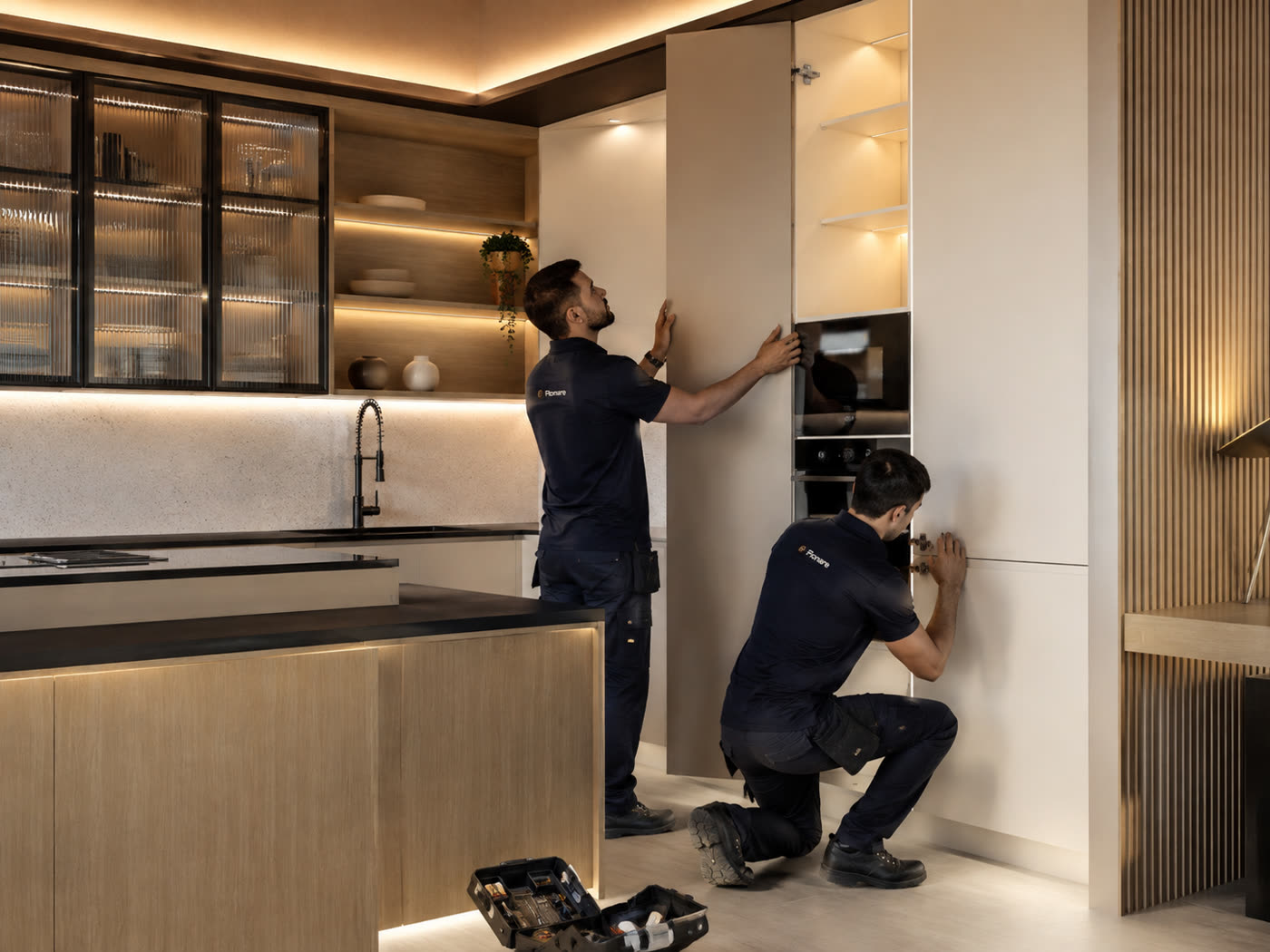 Montadores da Flonare instalando os armários da cozinha