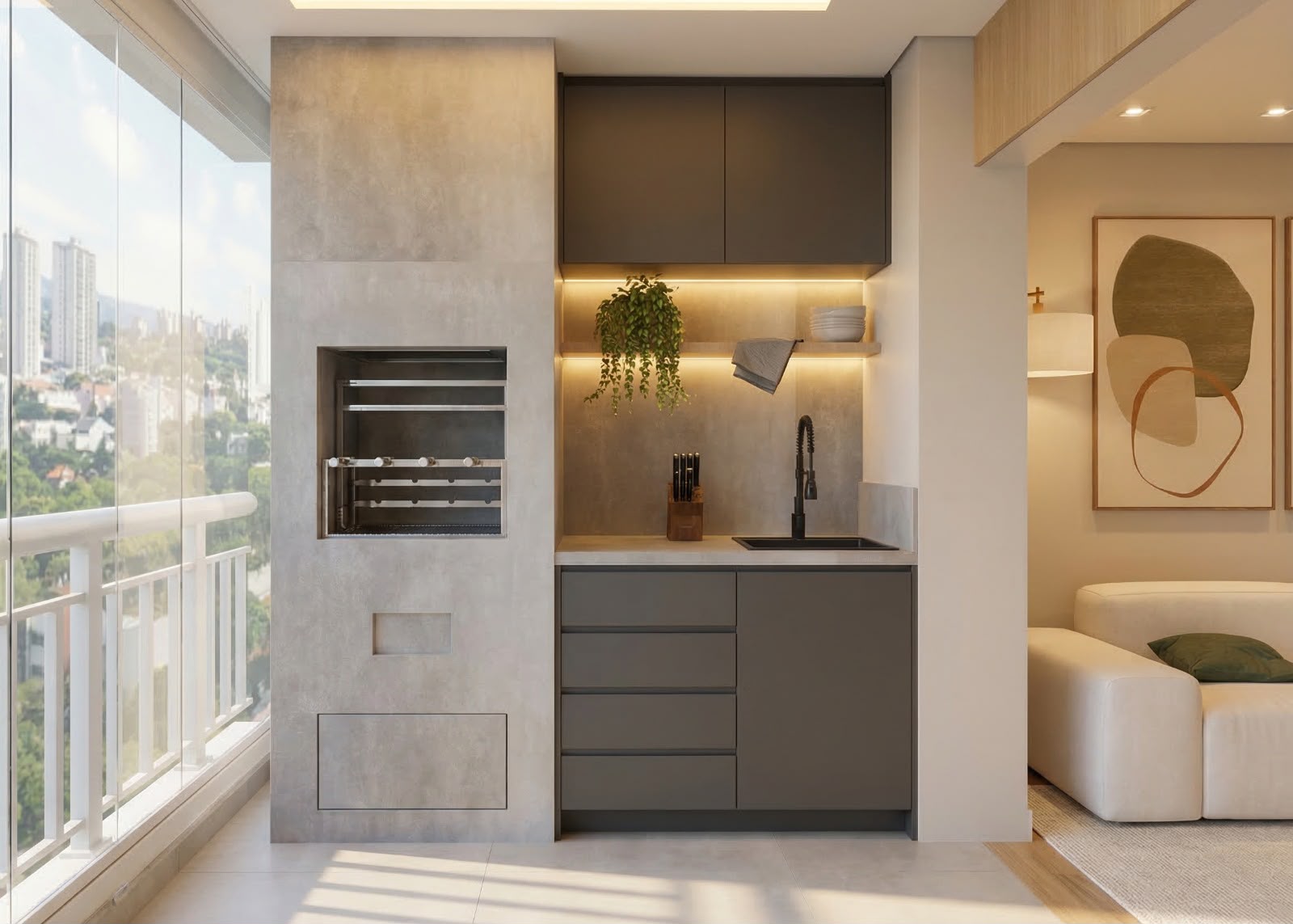 Render final da churrasqueira do apartamento Morumbi com armários grafite e iluminação em LED