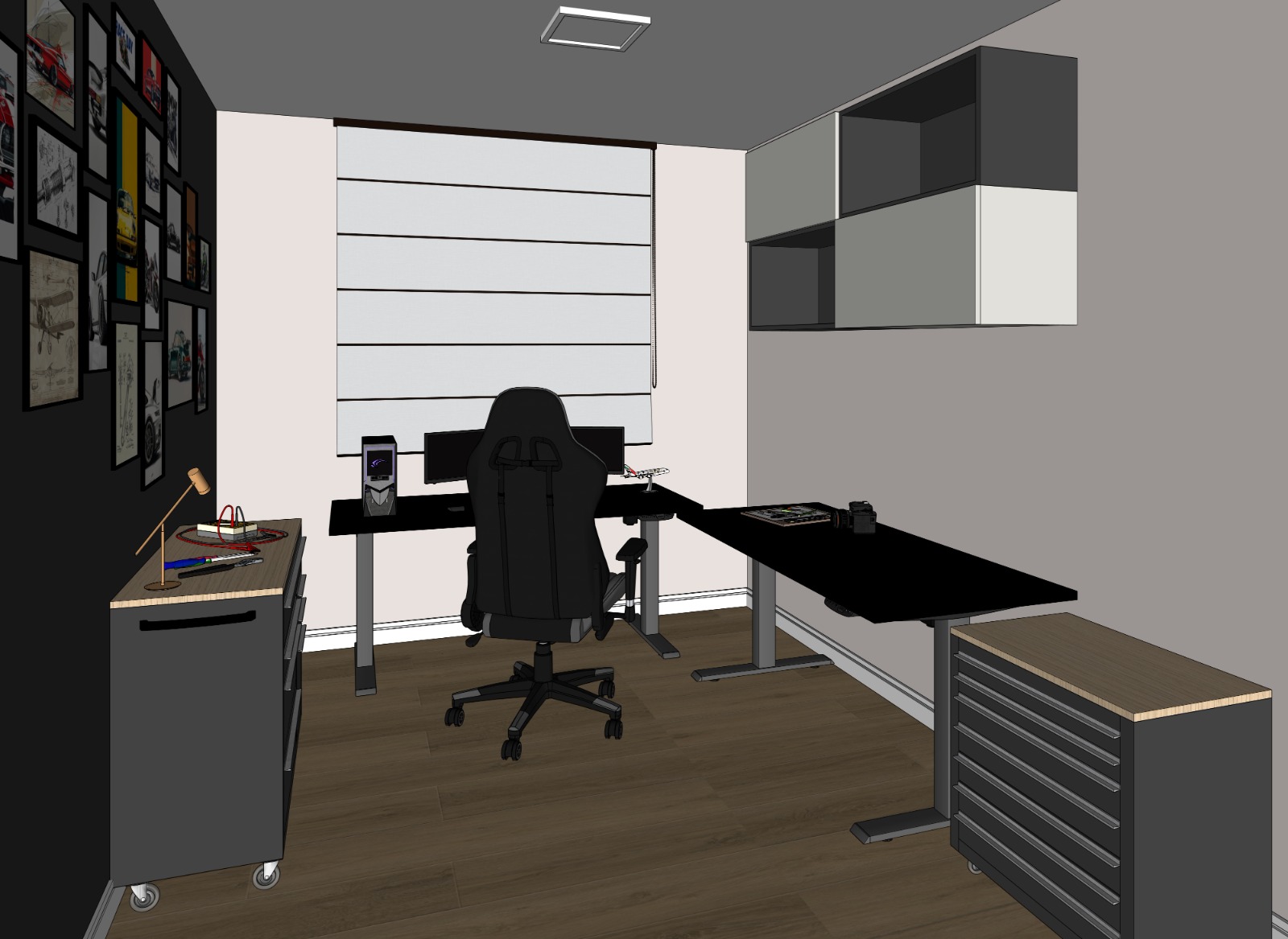 Projeto 3D do quarto gamer do apartamento Morumbi com bancada em L