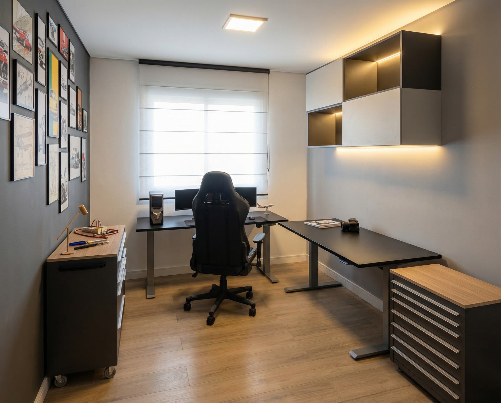 Render final do quarto gamer do apartamento Morumbi com bancada em L e armários suspensos