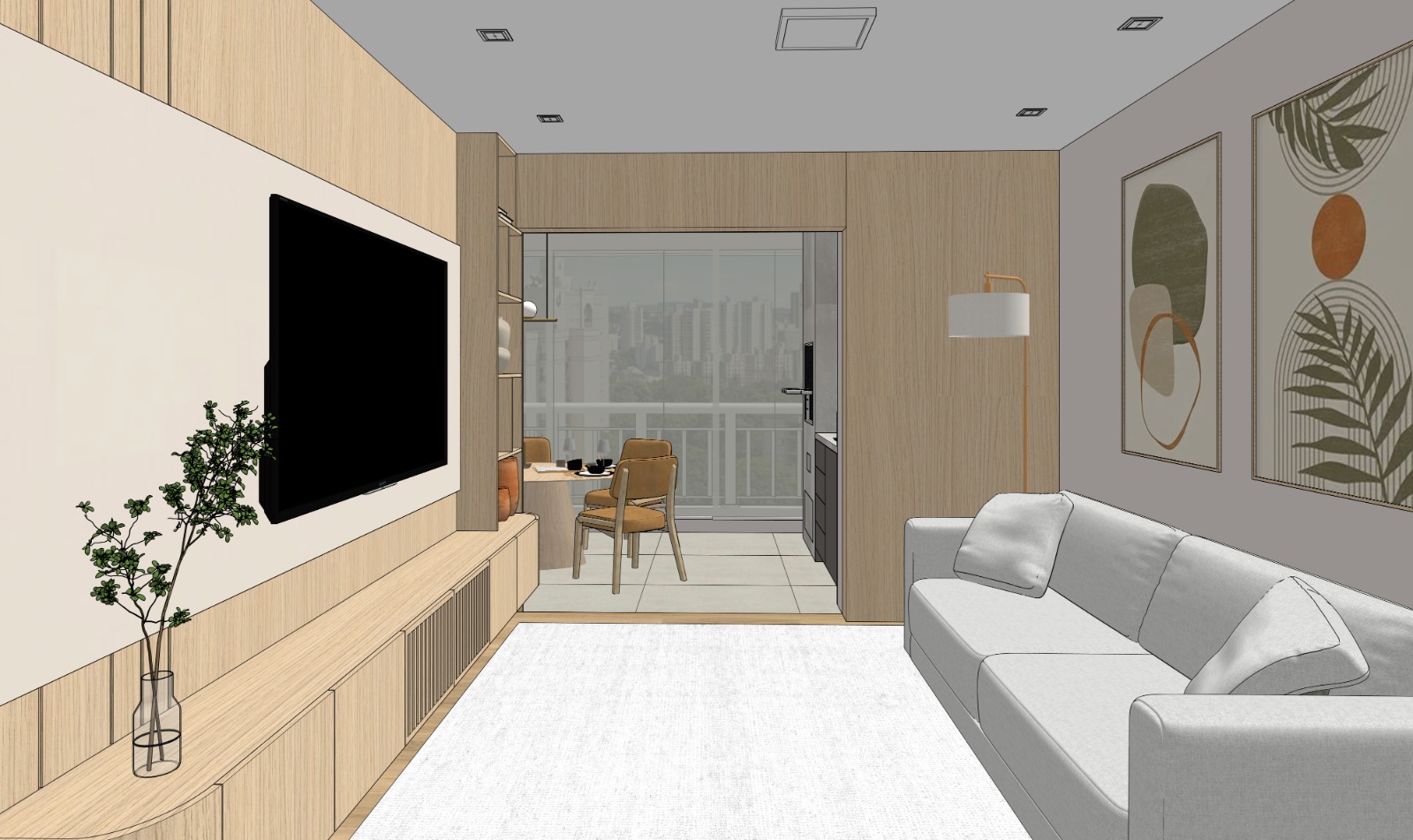 Projeto 3D da sala do apartamento Morumbi com painel de TV e integração com a varanda