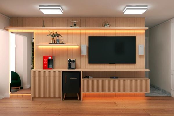 Home theater executado pela Flonare, com painel ripado e cantinho do café